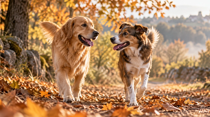 Dos perros paseando en otoño durante la campaña de prevención y vacunación frente a la tos de las perreras en Nuevo Baztán.